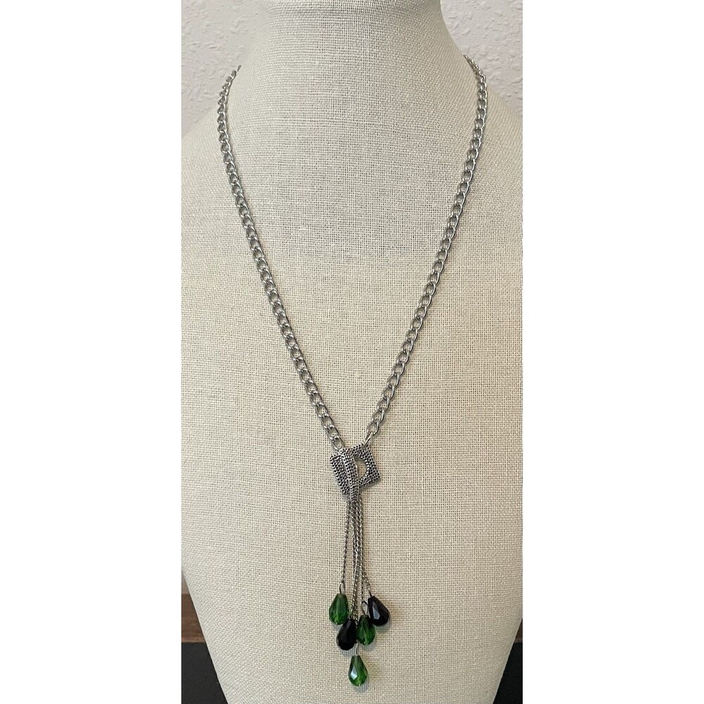 Silvertone Toggle Black Green Chain Necklace For Women